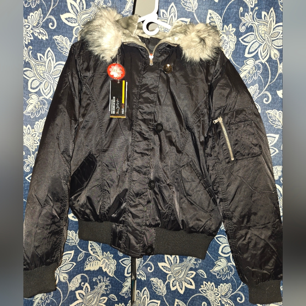 ♡FOX-USA Womens Puffer Bomber Jacket with Faux Fur Hood